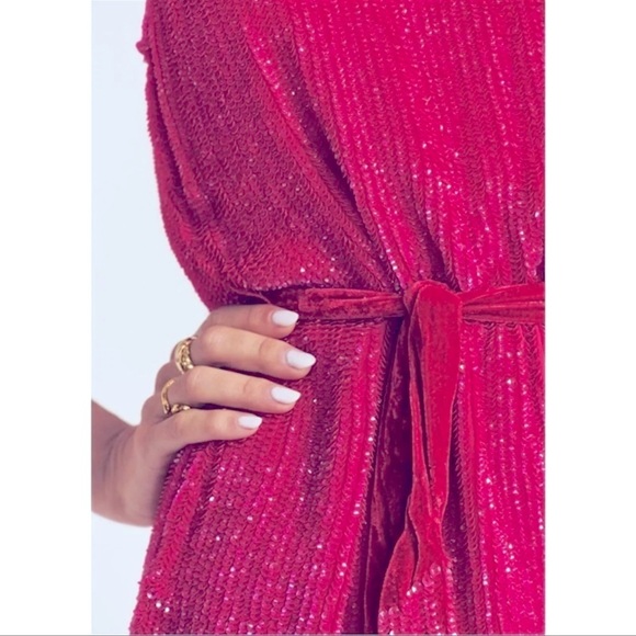 Retrofete Claire Beaded Sequin Mini Dress Size Large Hot Pink With Tie Waist - Picture 3 of 15